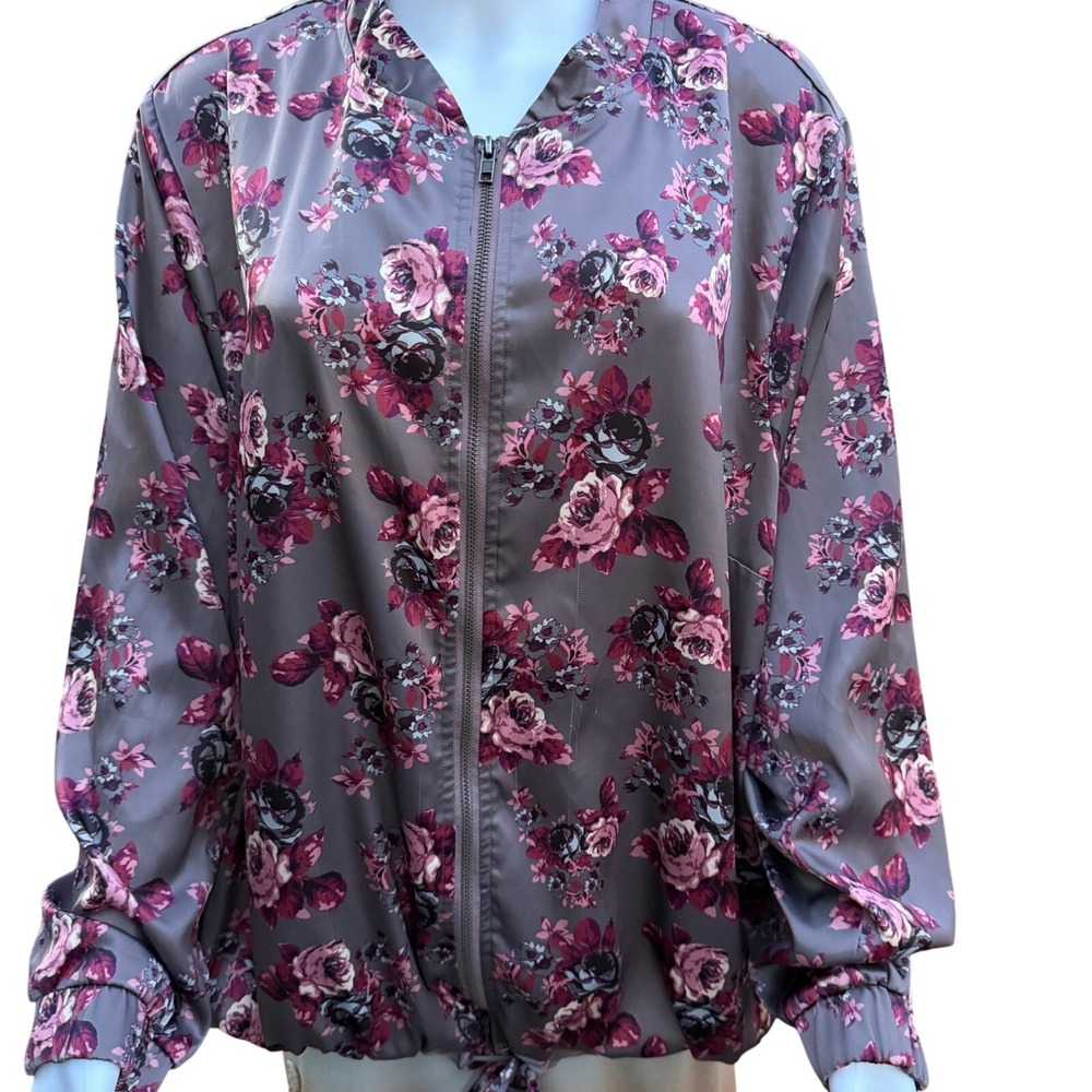 Self Esteem Womens Floral Bomber‎ Jacket Purple Pink Satin Zip Up Plus Size 3X